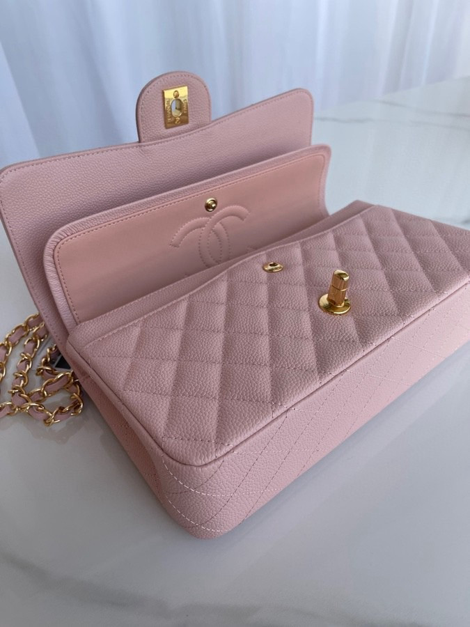 Ch*el classic handbag grained calfskin & gold-tone metal pink 6 × 9.9 × 2.5 in