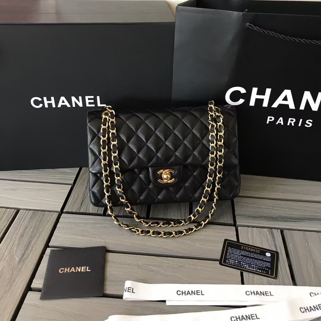 Ch*el small classic handbag gold  metal black 14.5×23×6cm