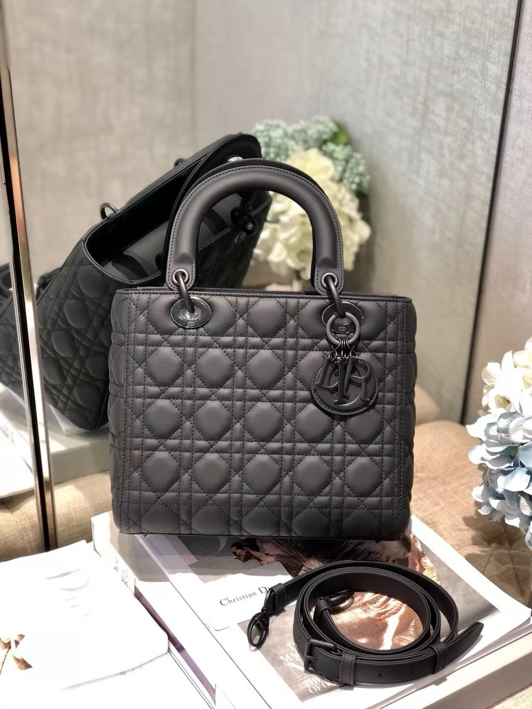 medium lady D*or bag 9.5 x 8 x 4.5 inches
