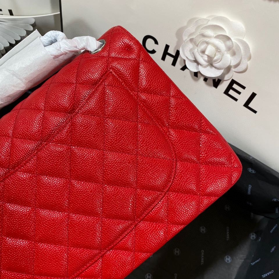 Ch*el classic flap jumbo 30cm cf red silver7.6 × 11.7 × 3.9 in