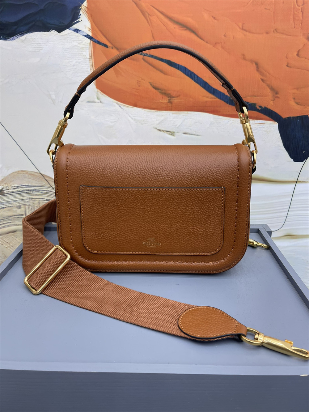 VALENTINO GARAVANI ALLTIME GRAINY CALFSKIN SHOULDER BAG BROWN