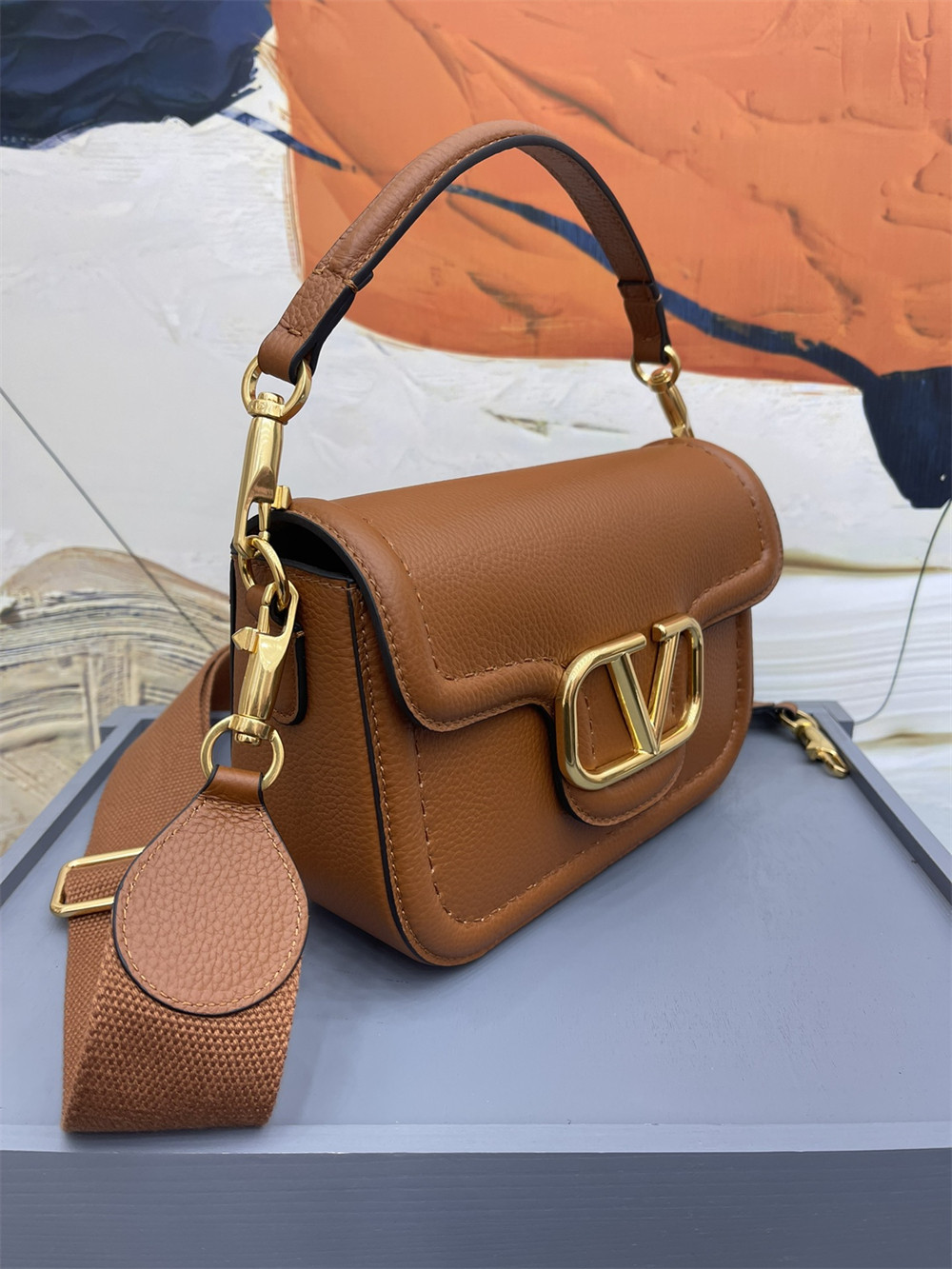 VALENTINO GARAVANI ALLTIME GRAINY CALFSKIN SHOULDER BAG BROWN