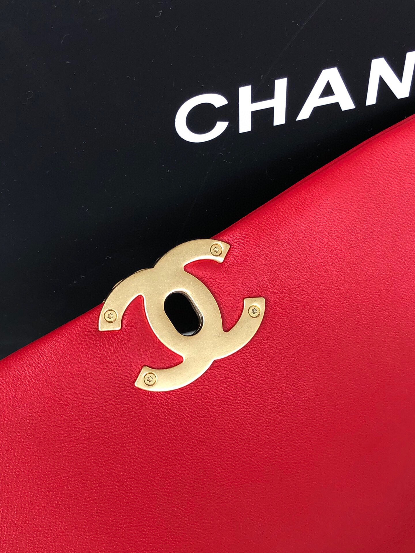 Ch*el 19 large handbag shiny leather, gold-tone, silver-tone & ruthenium-finish metal red 7.8 × 11.7 × 3.9 in