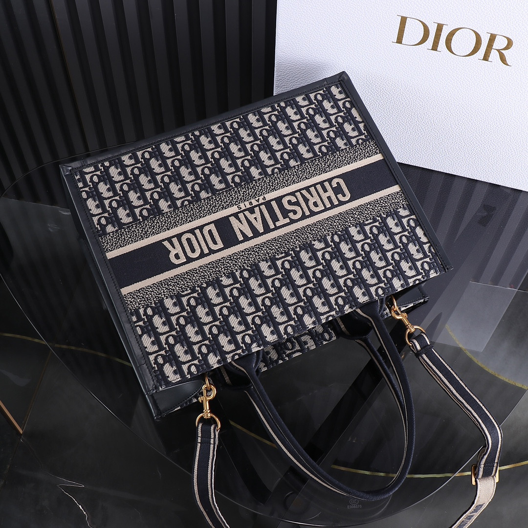 medium D*or book tote blue D*or oblique embroidery and calfskin 14.5 x 11 x 7 inches