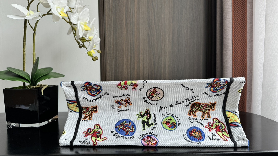 medium D*or book tote white multicolor dragon zodiac embroidery 14 x 11 x 6.5 inches