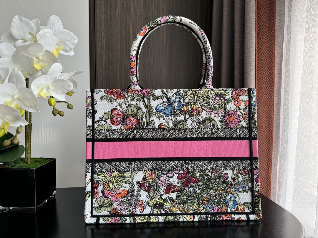 medium D*or book tote white multicolor mexico millefiori embroidery 14 x 11 x 6.5 inches