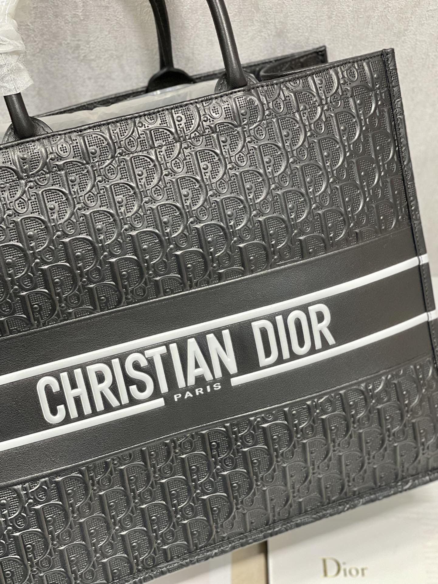 large D*or book tote black white D*or oblique embossed calfskin 16.5 x 14 x 7.5 inches