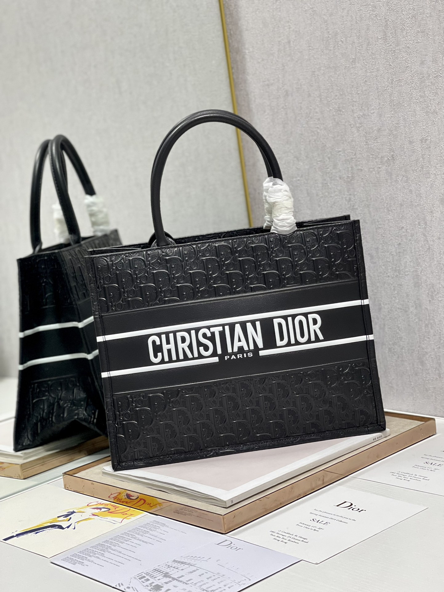 calfskin embossed medium D*or book tote black white 14 x 11 x 6.5 inches