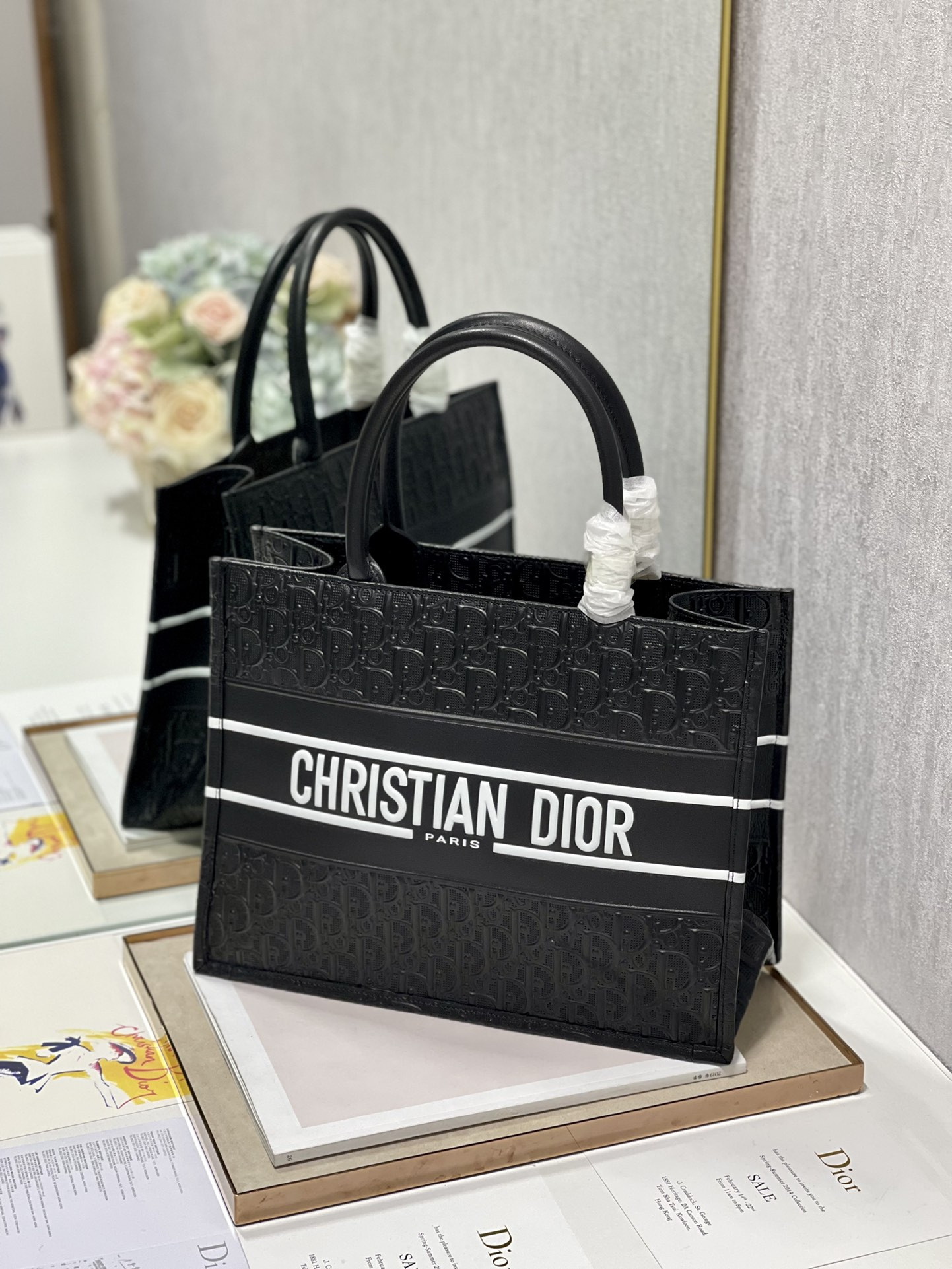 calfskin embossed medium D*or book tote black white 14 x 11 x 6.5 inches