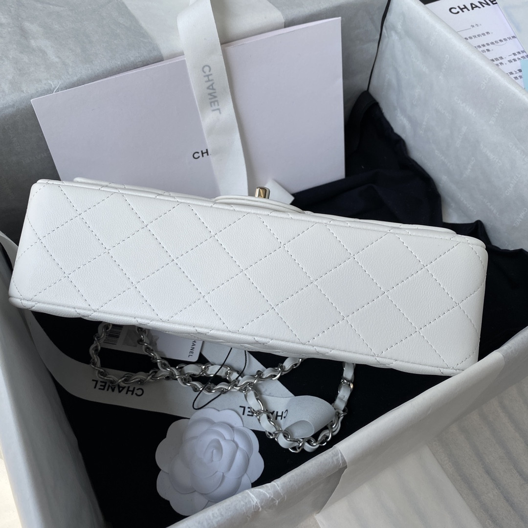 Ch*el classic handbag grained shiny calfskin & silver-tone metal white 6 × 9.9 × 2.5 in