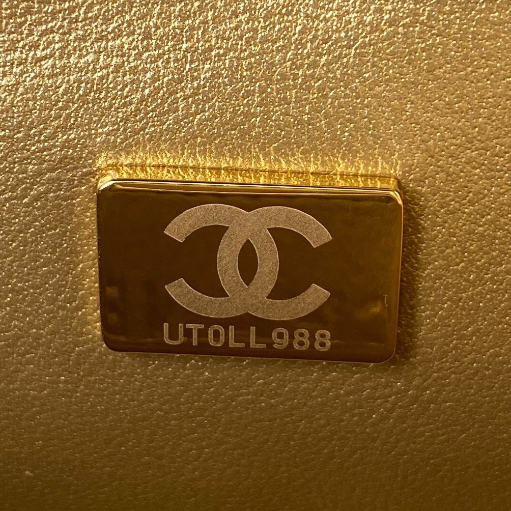 Ch*el mini flap bag shiny calfskin & gold-tone metal gray 4.7 × 7.8 × 2.3 in