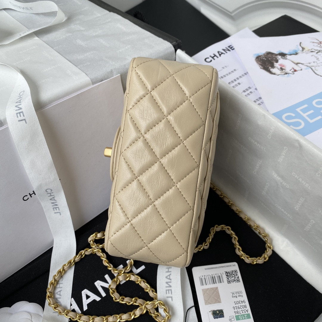 Ch*el mini flap bag shiny calfskin & gold-tone metal beige 5.3 × 6.6 × 3.1 in