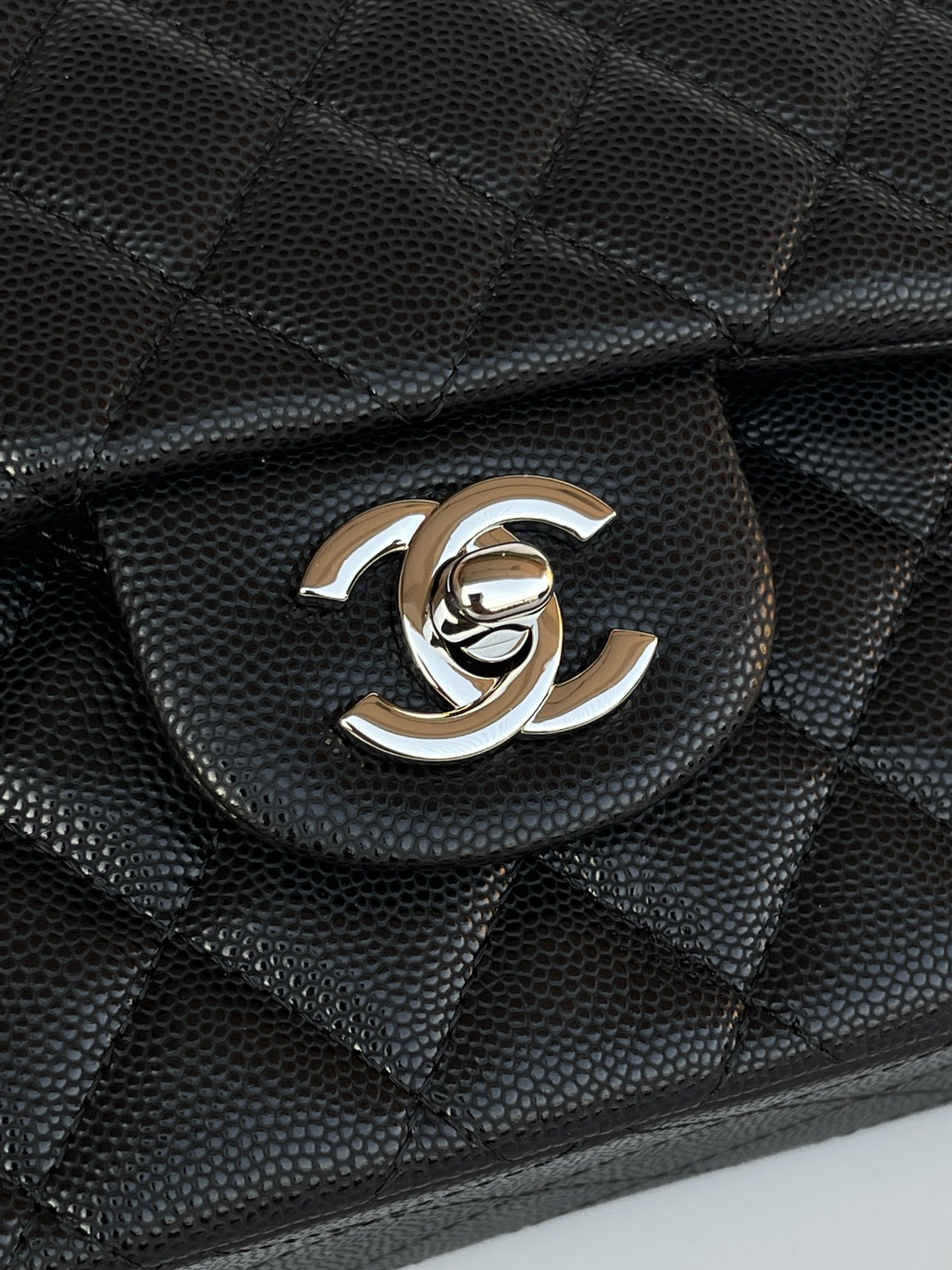 Ch*el classic handbag grained calfskin 6 × 9.9 × 2.5 in