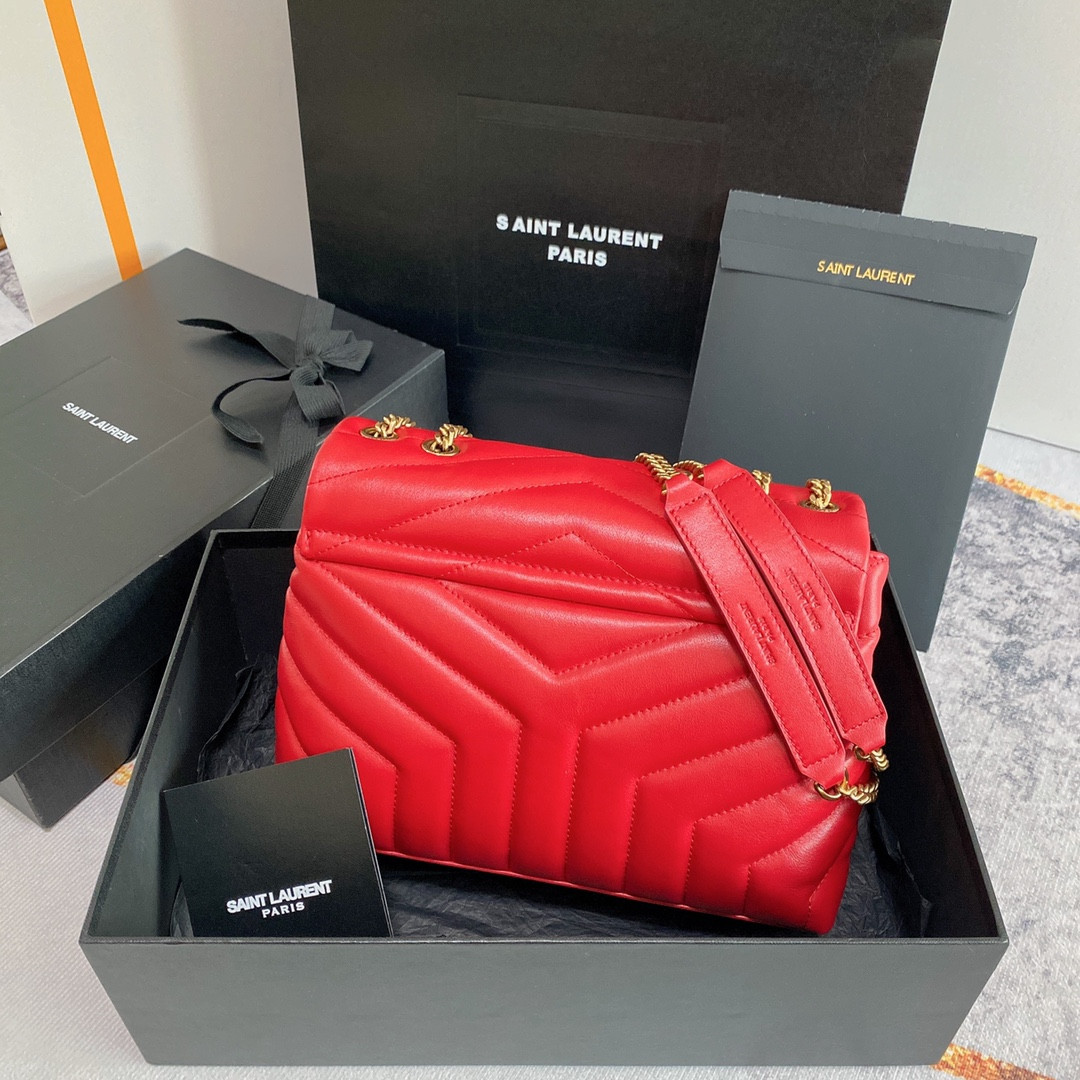 Y*L loulou small in quilted leather shiny red gold 9 x 6.1 x 3.3 inches
