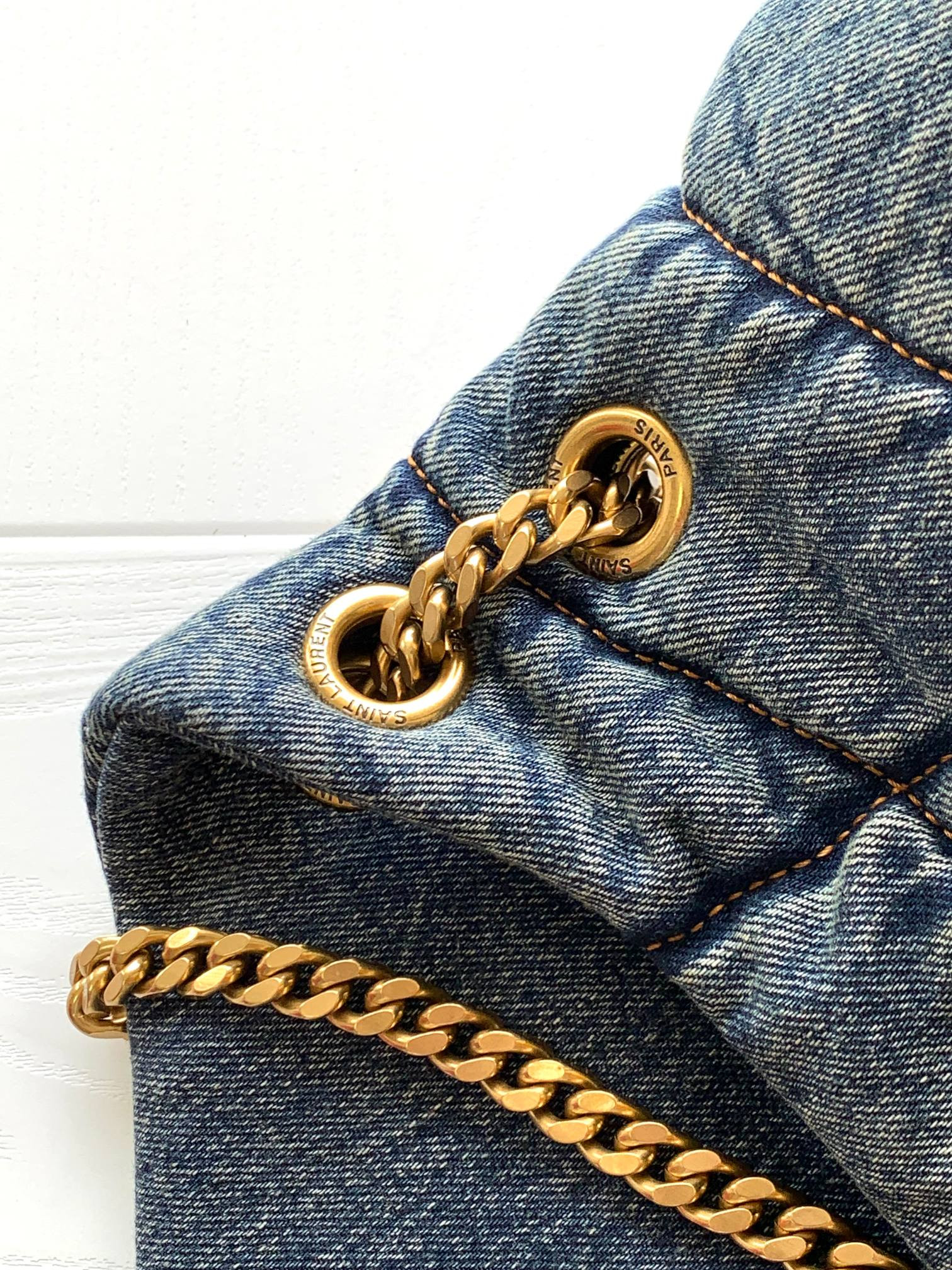 Y*L puffer small in suede and denim light blue 11.4 x 6.6 x 4.3 inches