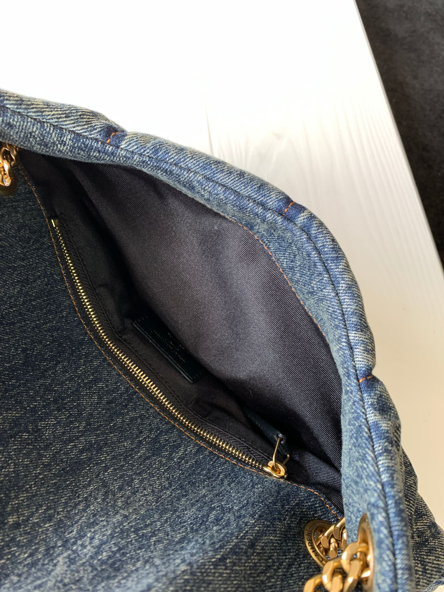 Y*L puffer small in suede and denim rodeo blue 11.4 x 6.6 x 4.3 inches