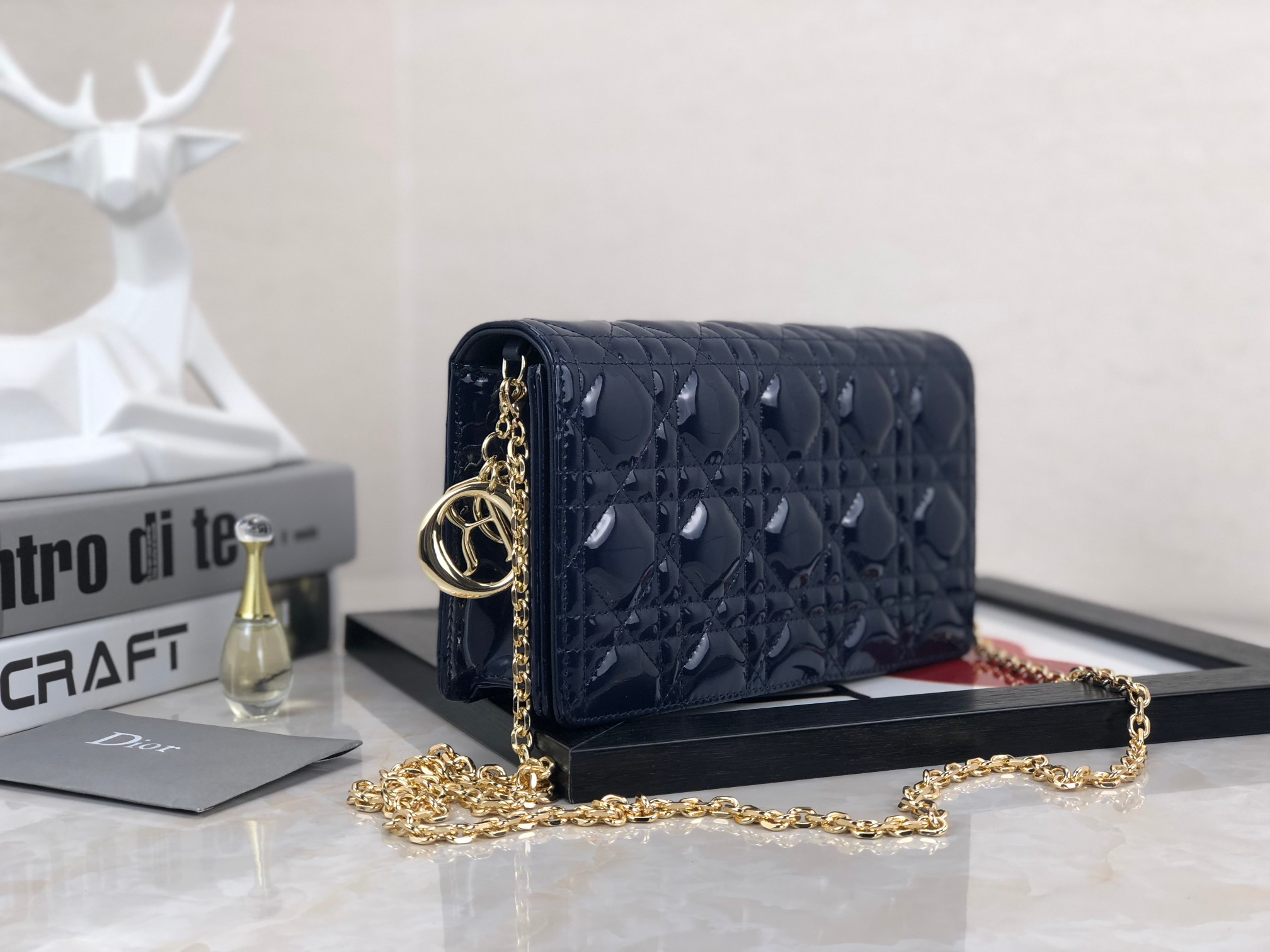 lady D*or pouch navy patent cannage calfskin 8.5 x 4.5 x 1 inches