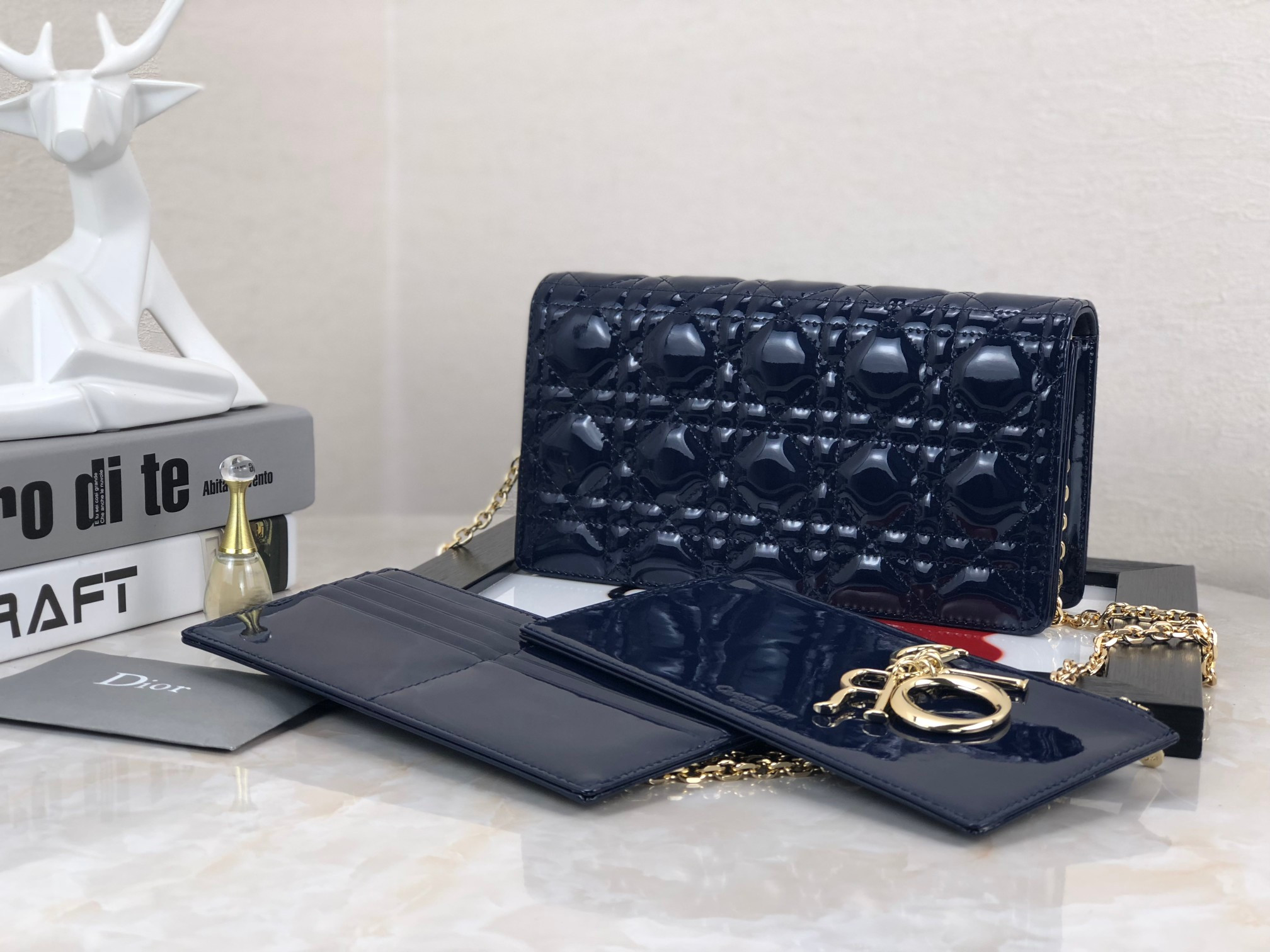 lady D*or pouch navy patent cannage calfskin 8.5 x 4.5 x 1 inches