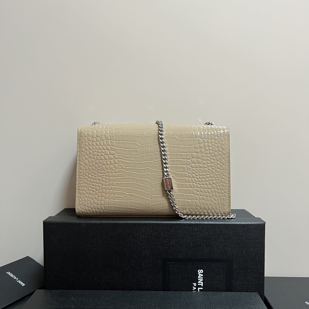 Y*L kate medium tassel in crocodile-embossed leather beige 9.4 x 5.7 x 2.1 inches