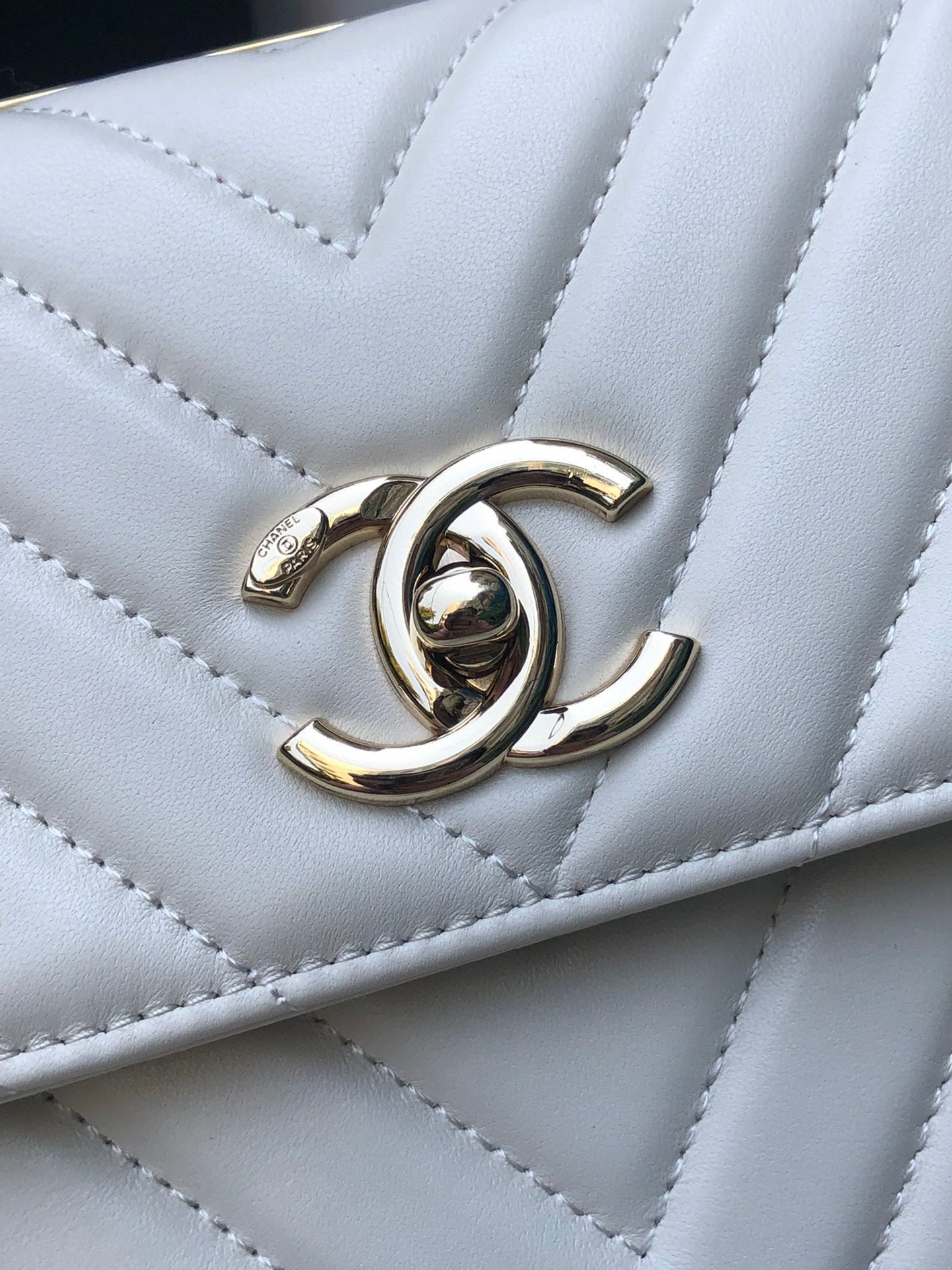 Ch*el flap bag with top handle white 6.6 × 9.8 × 4.7 in