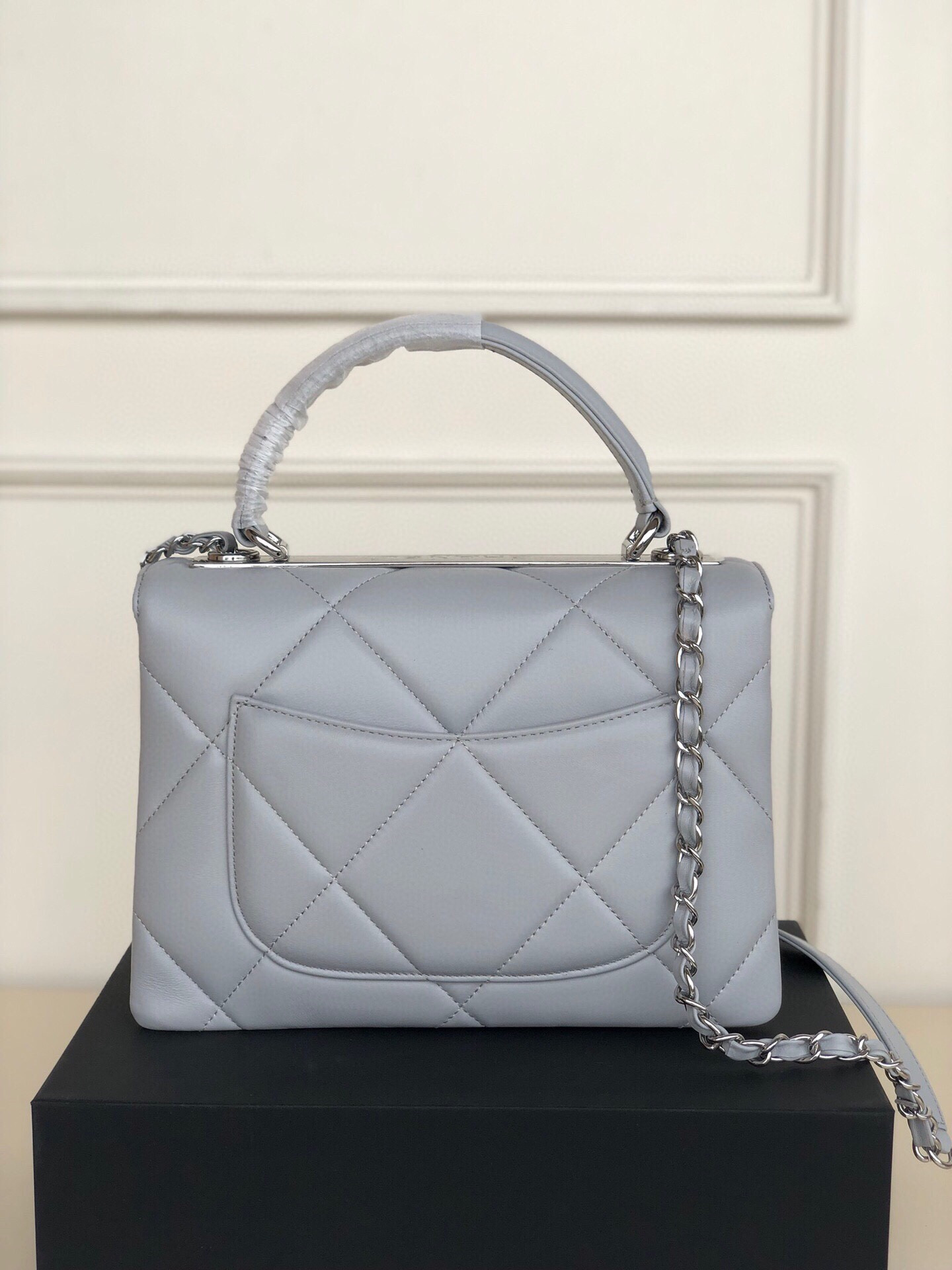 Ch*el flap bag with top handle 6.6 × 9.8 × 4.7 in
