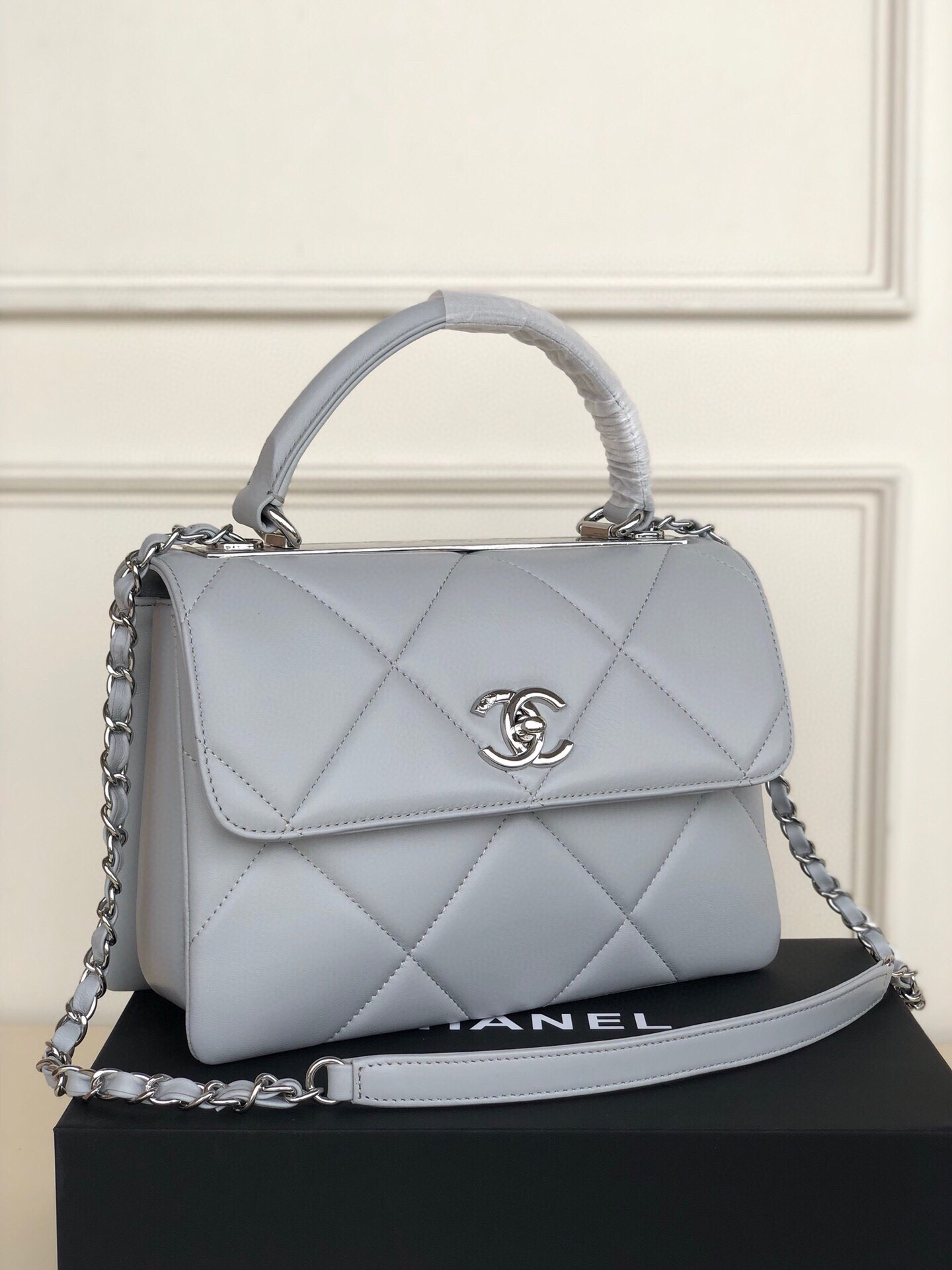 Ch*el flap bag with top handle 6.6 × 9.8 × 4.7 in