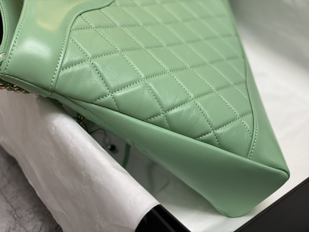 Ch*el  shopping bag shiny lambskin & gold-tone metal light green 35x39x8cm