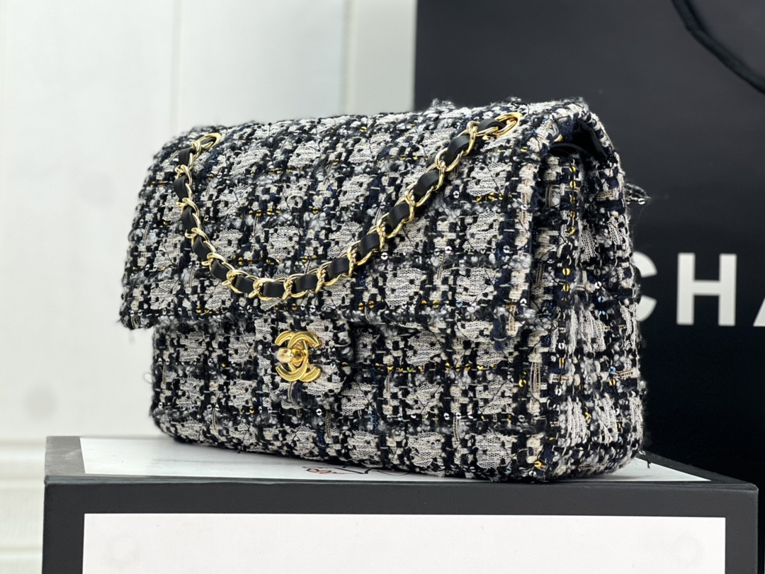 Ch*el classic 11.12 handbag tweed & gold-tone metal 6 × 9.9 × 2.5 in