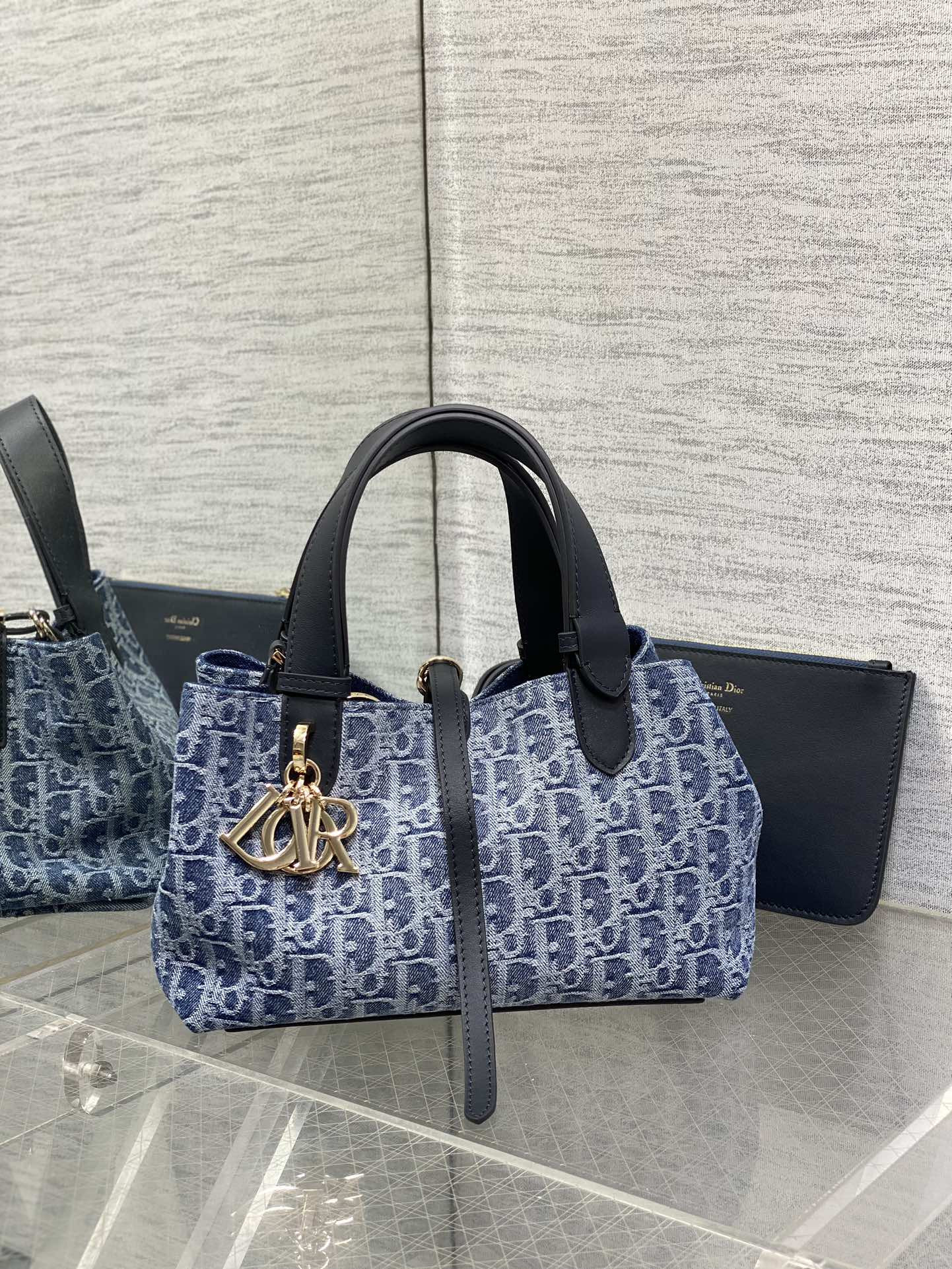 small D*or toujours bag blue denim D*or oblique jacquard 23 x15 x15cm