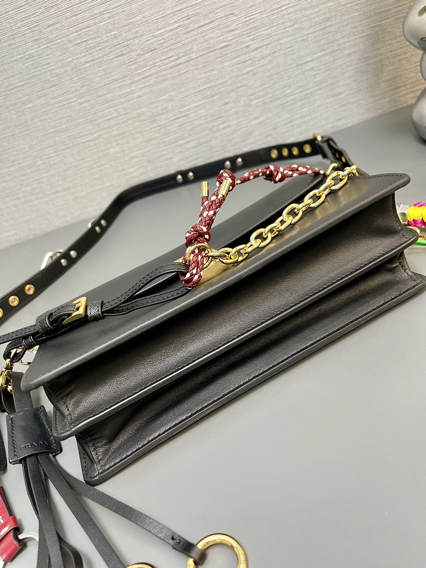 Pra*a soft sound small leather shoulder bag with charm 13.5x24x6cm